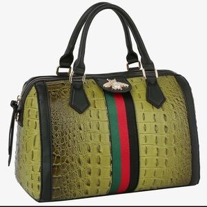Olive Green Croc-Embossed Top-Handle Bag with Stripe Accent